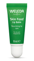 Weleda lip butter front tube showing brand and compact packaging with travel-ready benefit