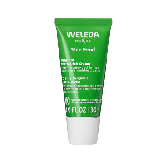 Weleda Skin Food front tube view showing label and portable size benefit