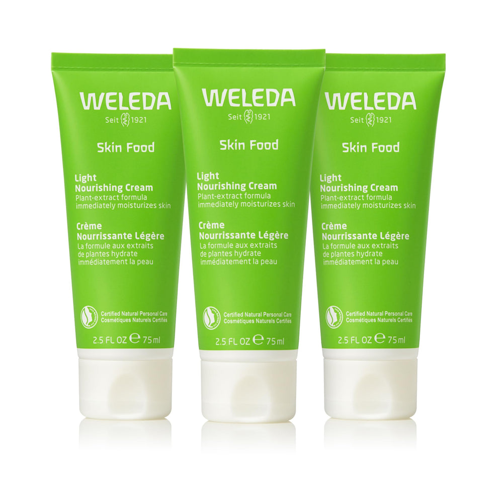 Weleda Skin Food Light front jar showing compact travel-friendly package and hydration benefits