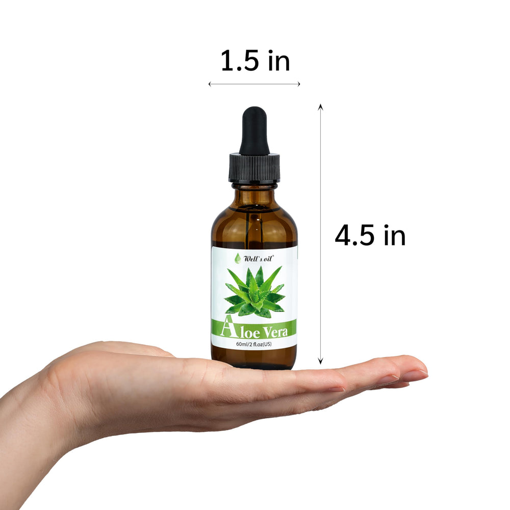 Well's Oil bottle top pouring a drop of aloe vera oil demonstrating controlled application benefit