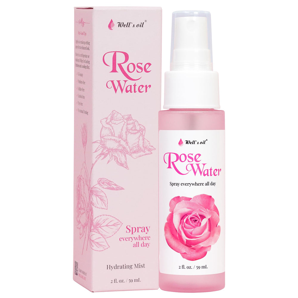Well's Oil bottle front packaging showing compact rosewater mist