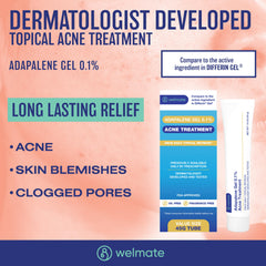 WELMATE tube close‑up with legible adapalene 0.1% label and usable nozzle
