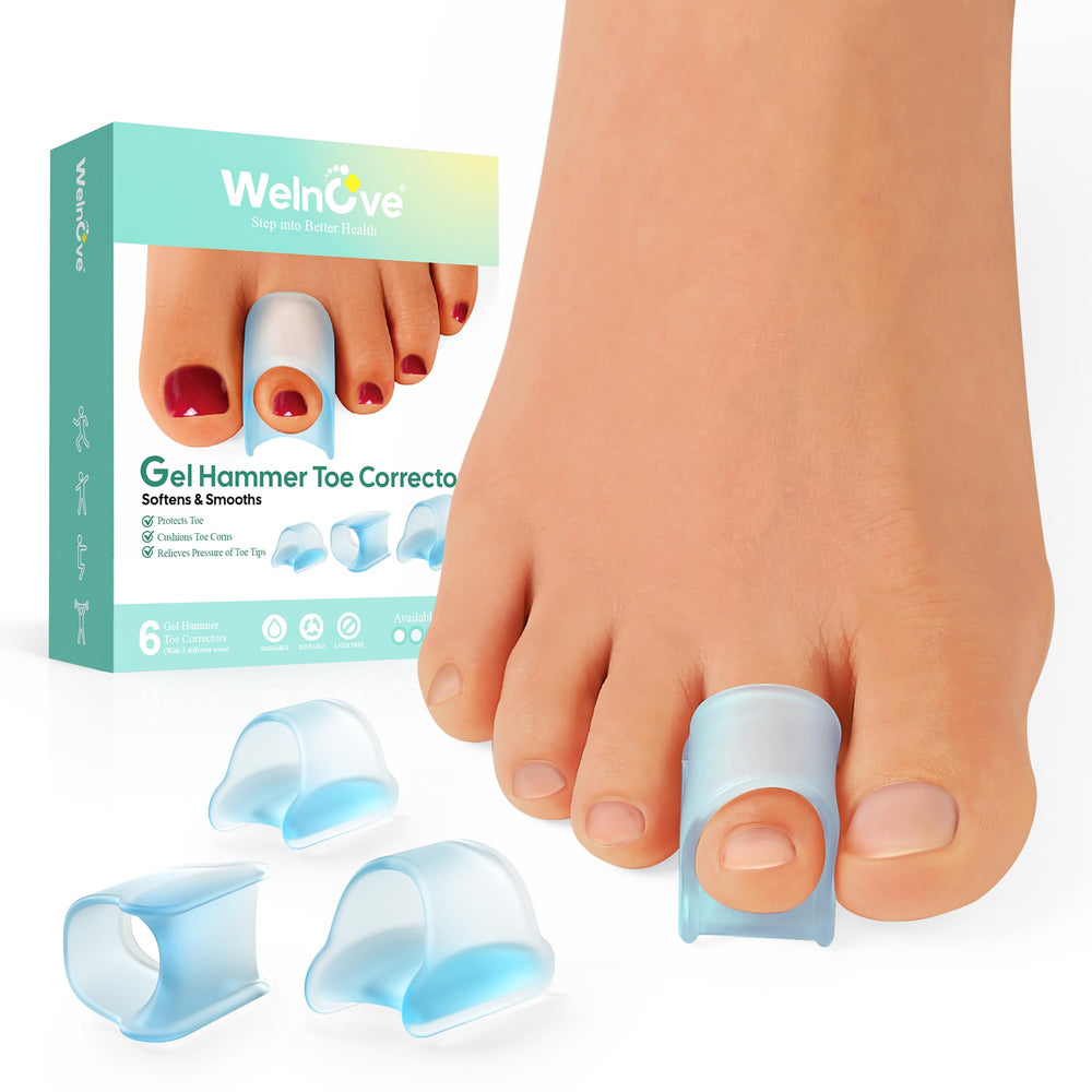 Welnove front packaging showing six blue gel toe splints, protects toes comfortably
