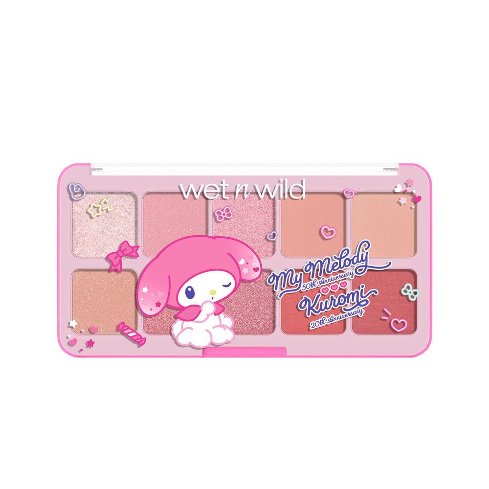 wet n wild open My Melody palette displaying rosy shades and smooth blendable payoff
