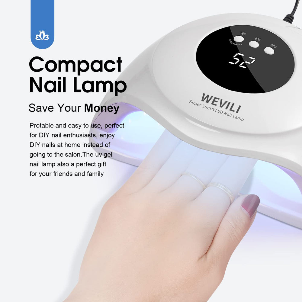 Foot placed inside WEVILI lamp for pedicure curing — full‑foot convenience and power