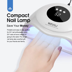 Foot placed inside WEVILI lamp for pedicure curing — full‑foot convenience and power
