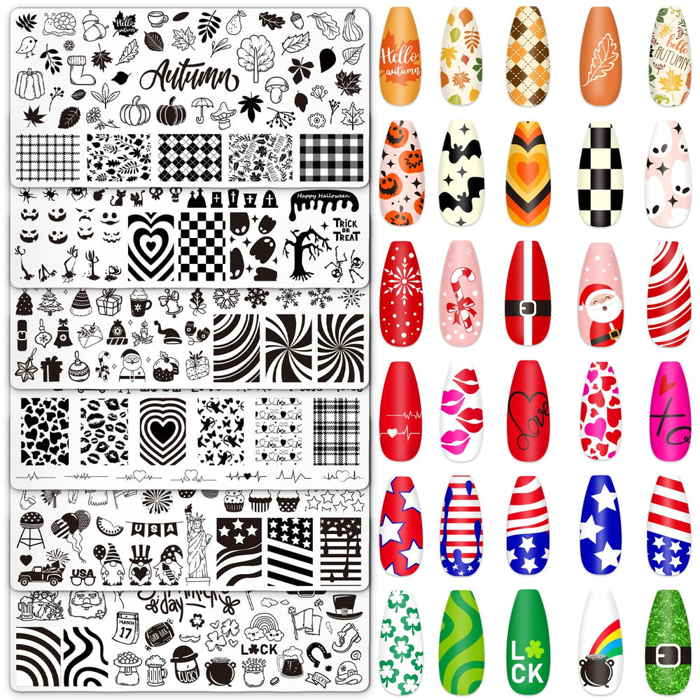 Whaline flat lay of six holiday nail stamping plates showing variety and convenience