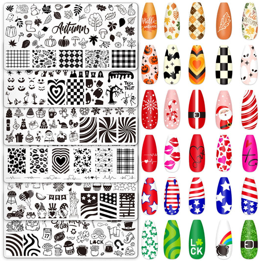 Whaline flat lay of six holiday nail stamping plates showing variety and convenience