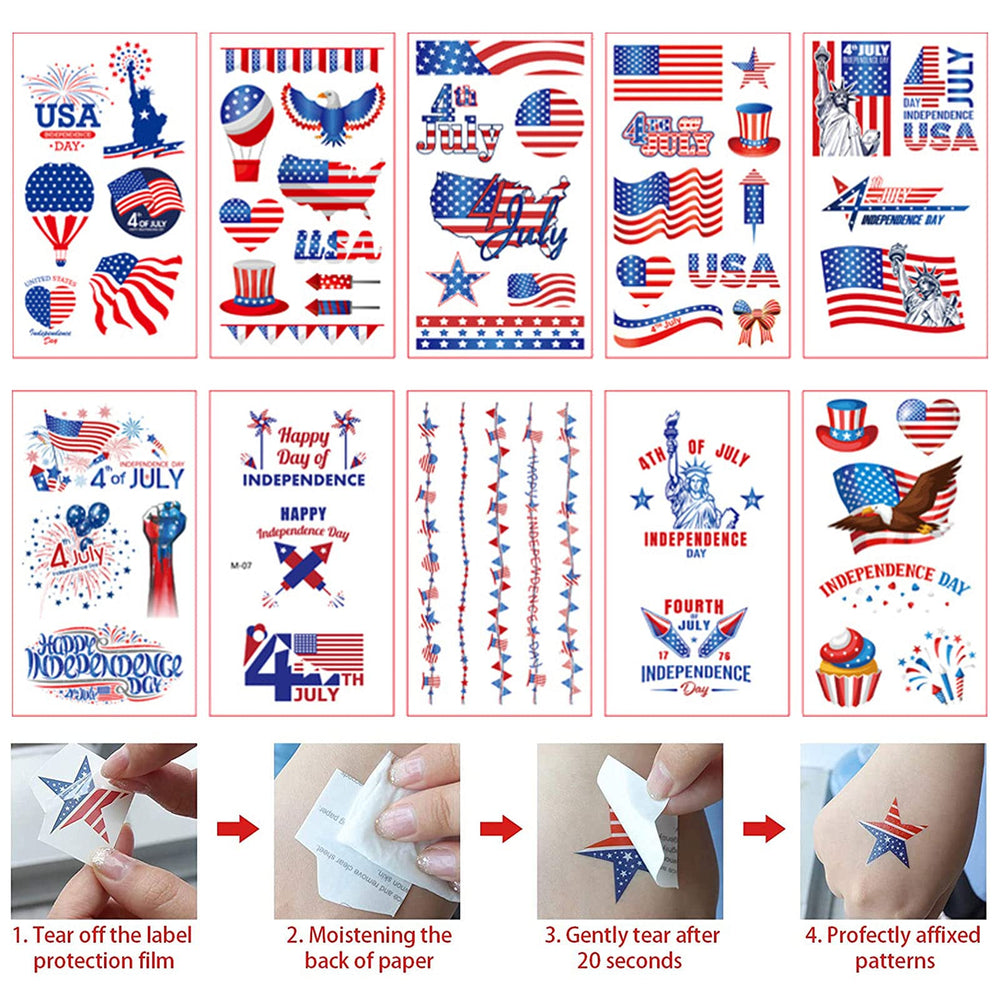 Whaline temporary tattoo sheets displayed with patriotic designs for easy application