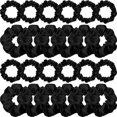WILLBOND front view of 24 black satin scrunchies showing neat compact packaging and versatility
