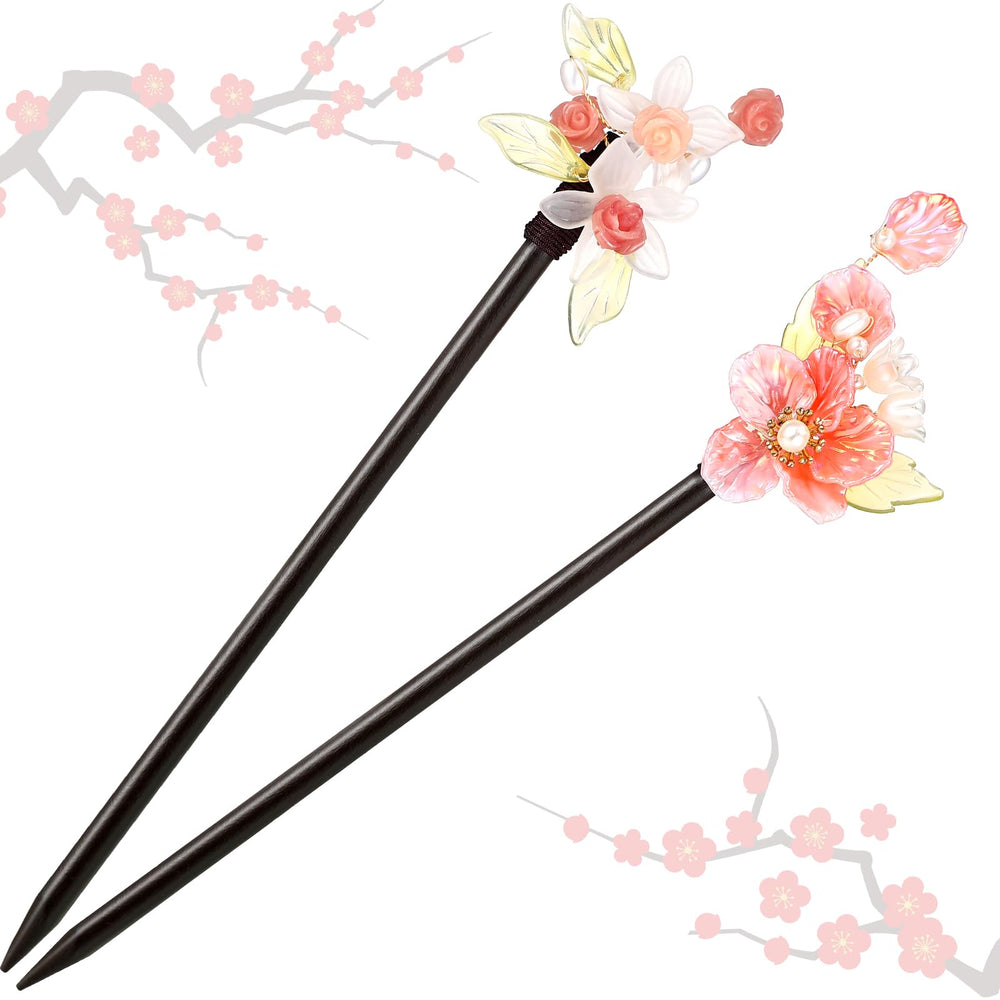 WILLBOND front view of two wooden hair sticks showing floral design and packaging benefit