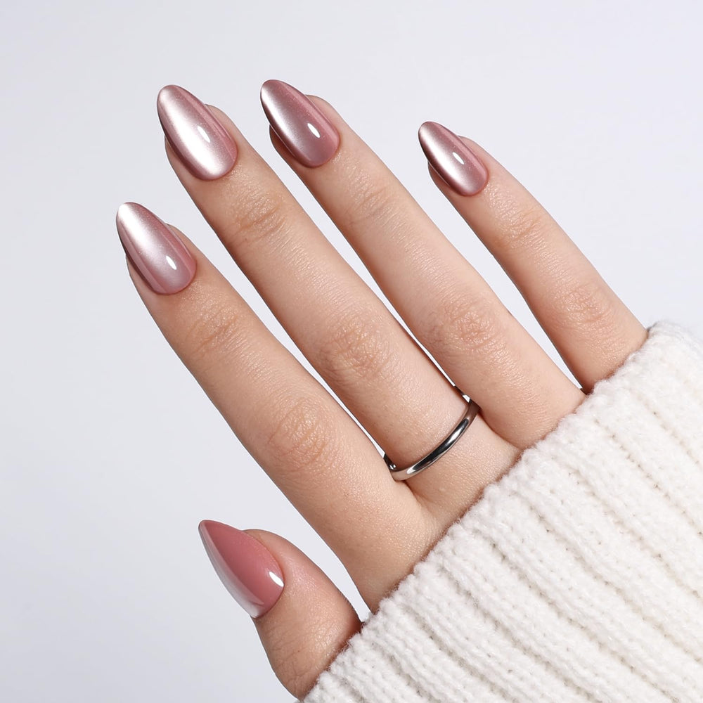 WiniBeauty front packaging showing mauve almond press-on nails and kit benefits