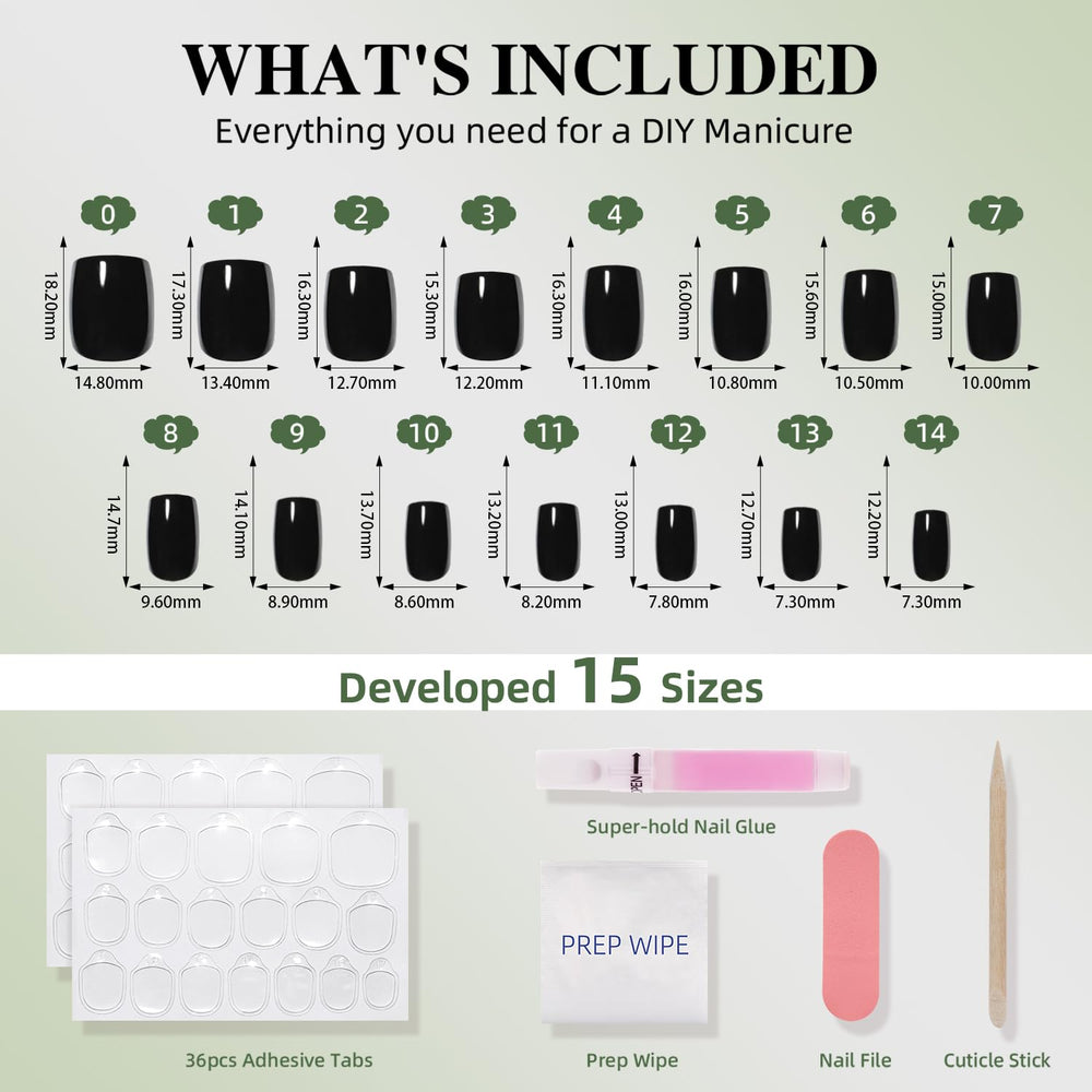 Overhead layout of WiniBeauty kit with glue, tabs, file, cuticle stick and 30 nails for full setup