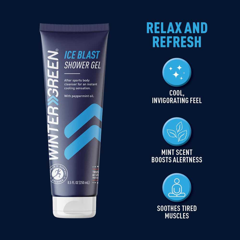 Wintergreen Ice Blast applied in shower demonstrating cooling effect and post-workout refresh