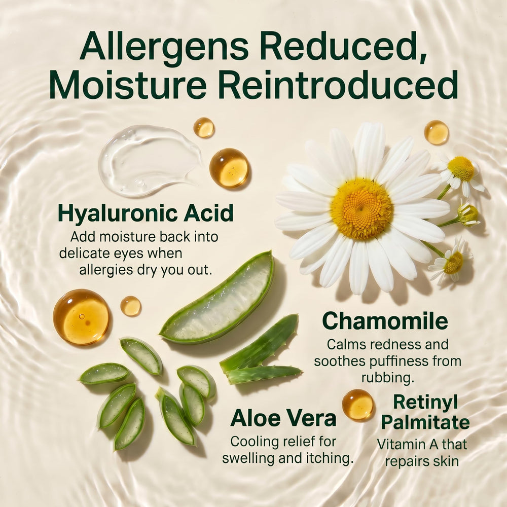 With Love wipe being used on closed eyelid to remove pollen and debris