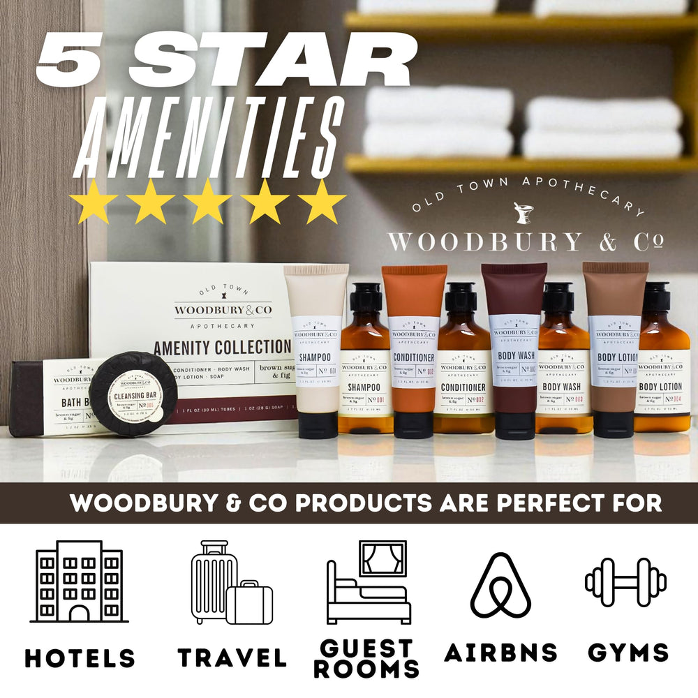 WOODBURY & CO travel bottles in a hand for scale showing TSA-friendly travel convenience