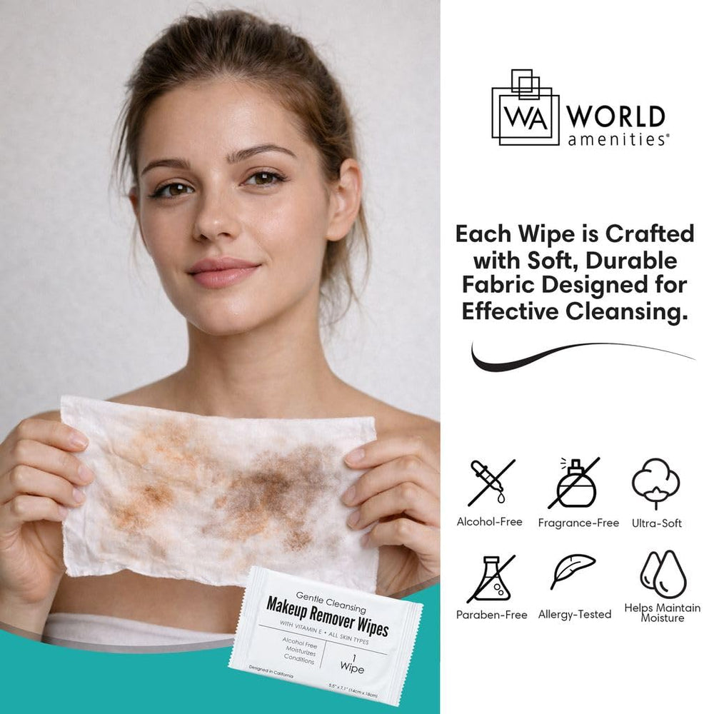 World Amenities wipe removing mascara demonstrating effective cleansing