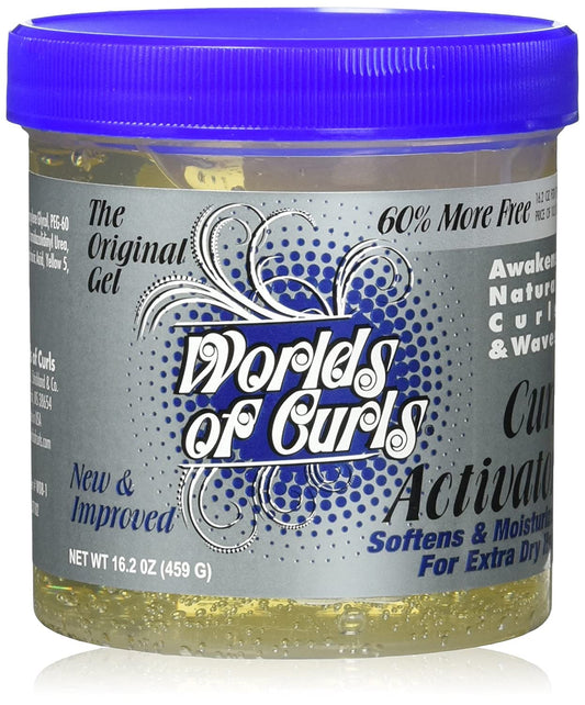 Worlds Of Curls front packaging showing 16.2 oz bottle and product benefit for defined curls