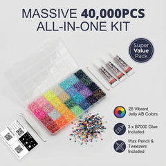 Worthofbest 28-grid organizer open with individually sorted jelly AB rhinestone colors for fast access