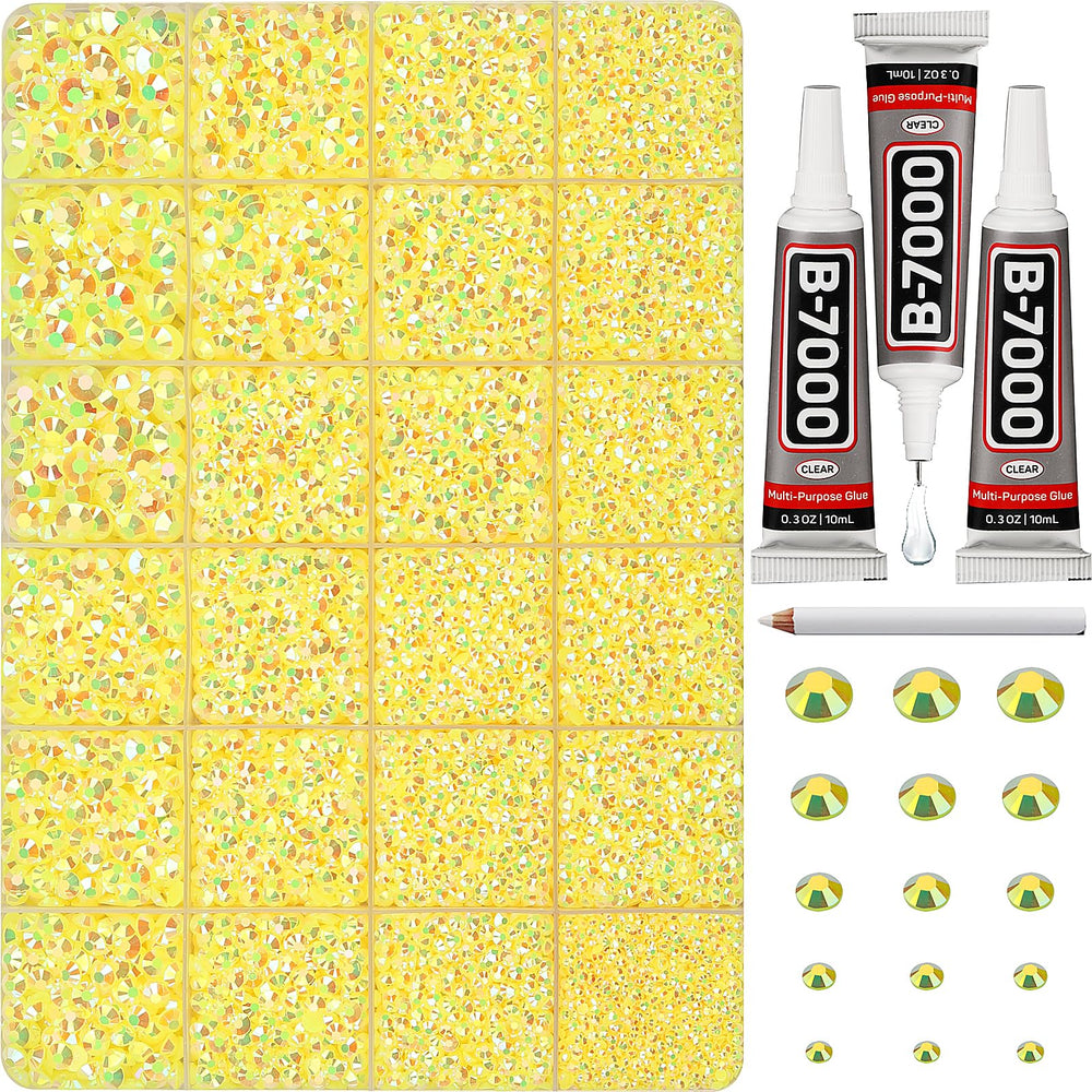 Worthofbest front container showing sorted yellow rhinestones and clear case, easy organization benefit