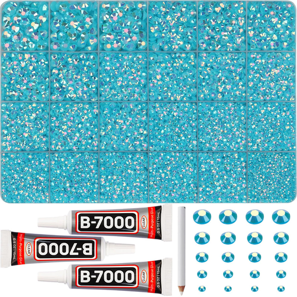 Worthofbest front packaging showing turquoise rhinestones and included tools for easy crafting