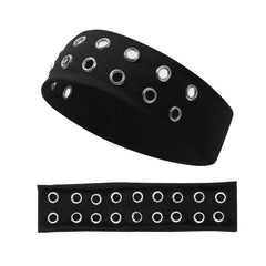 Wouputy front view showing black grommet headband and bold style benefit