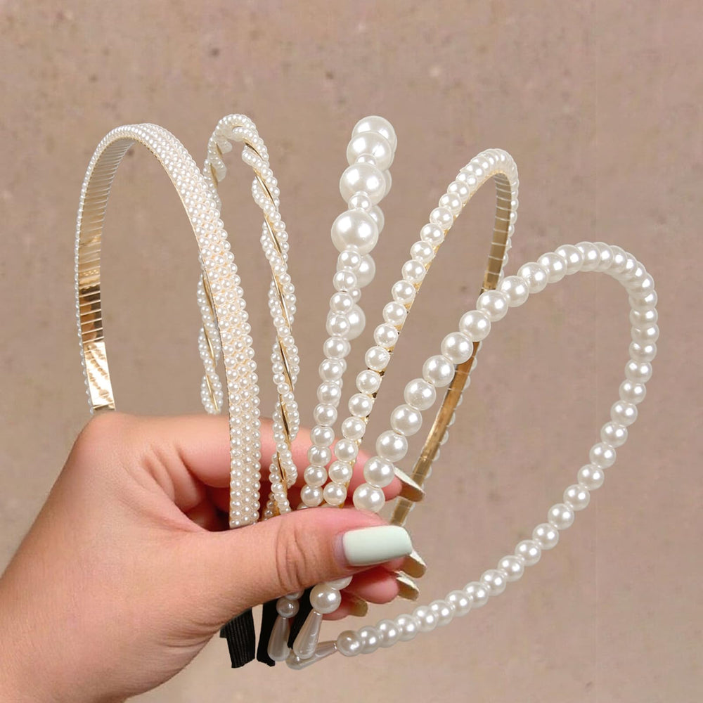 WOVOWOVO front view of five pearl headbands showing variety and value