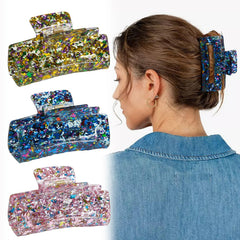 WOVOWOVO front view of three glitter claw clips showing colors and packaging, stylish practicality