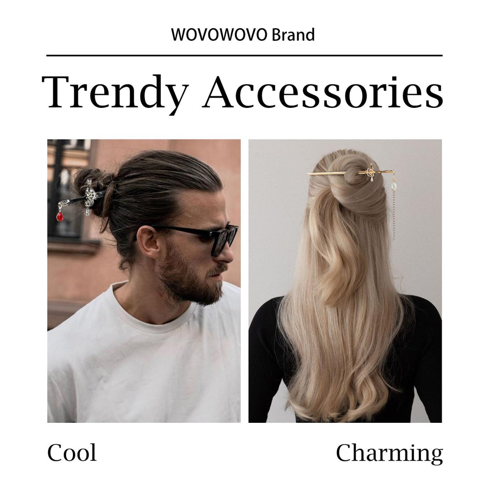 WOVOWOVO sword hair sticks in use securing a bun for reliable all-day hold
