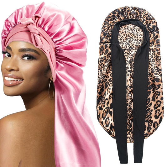 WOZUTUNT pink and leopard bonnets front view showing design and two-pack convenience
