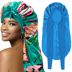 WOZUTUNT front view of blue printing flower bonnet showing roomy fit and style protection