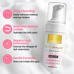 WOZUTUNT 2 fl oz unscented lash shampoo bottle close-up, gentle cleaning for extensions