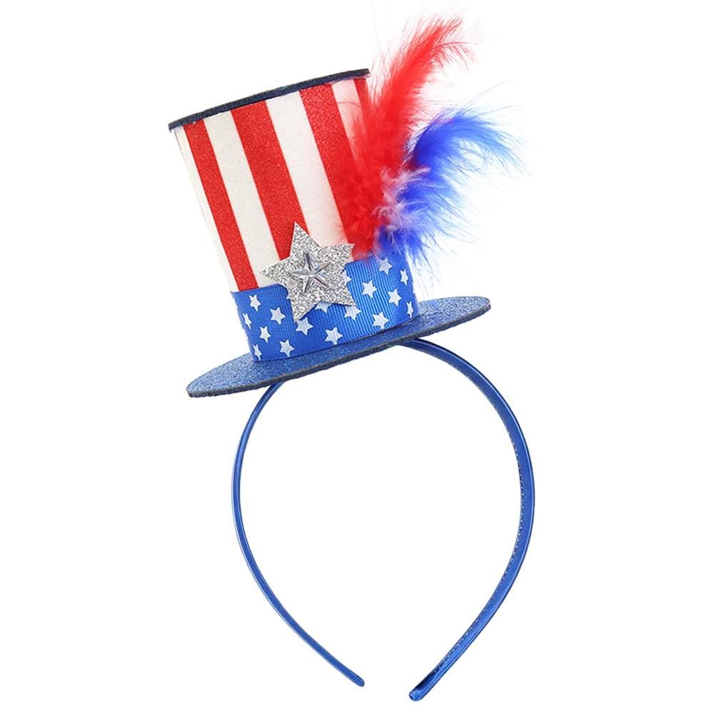 WRBAJIS front view of mini top hat headband shows patriotic look and instant festive style