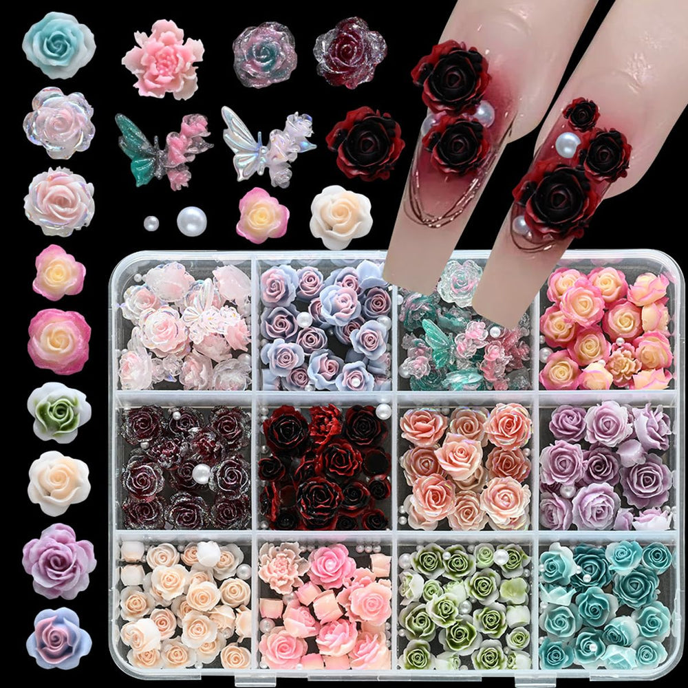 WUHCIM box front packaging showing assorted nail charms and included tweezers for convenience
