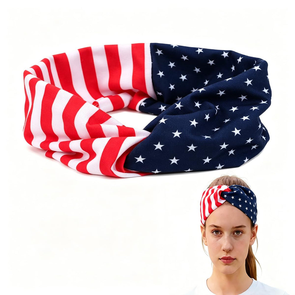 Wuhetyo headband front view showing bold flag knot and festive appeal