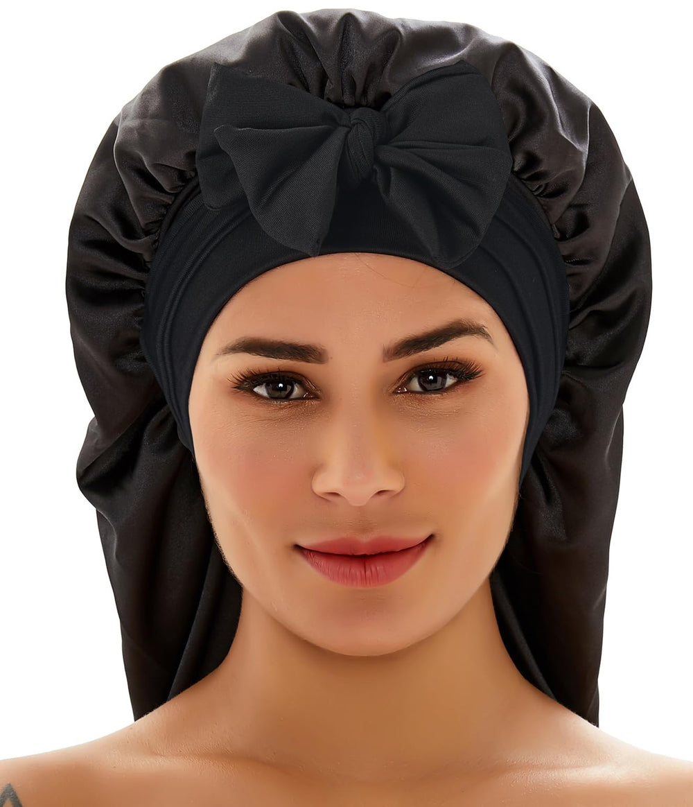 Wzl Wlg model wearing bonnet while sleeping illustrating protection for braids and curls
