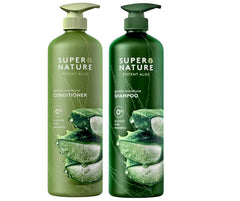XALEZ front view of aloe shampoo and conditioner with towel showing hydration benefits