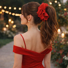 Xicer scrunchie holding thick hair in a high ponytail for secure volume
