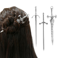 XJYHDY front view of three sword hair pins showing set and finish