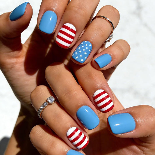 XJZRXDW front packaging showing 24 patriotic press-on nails and tools for easy styling