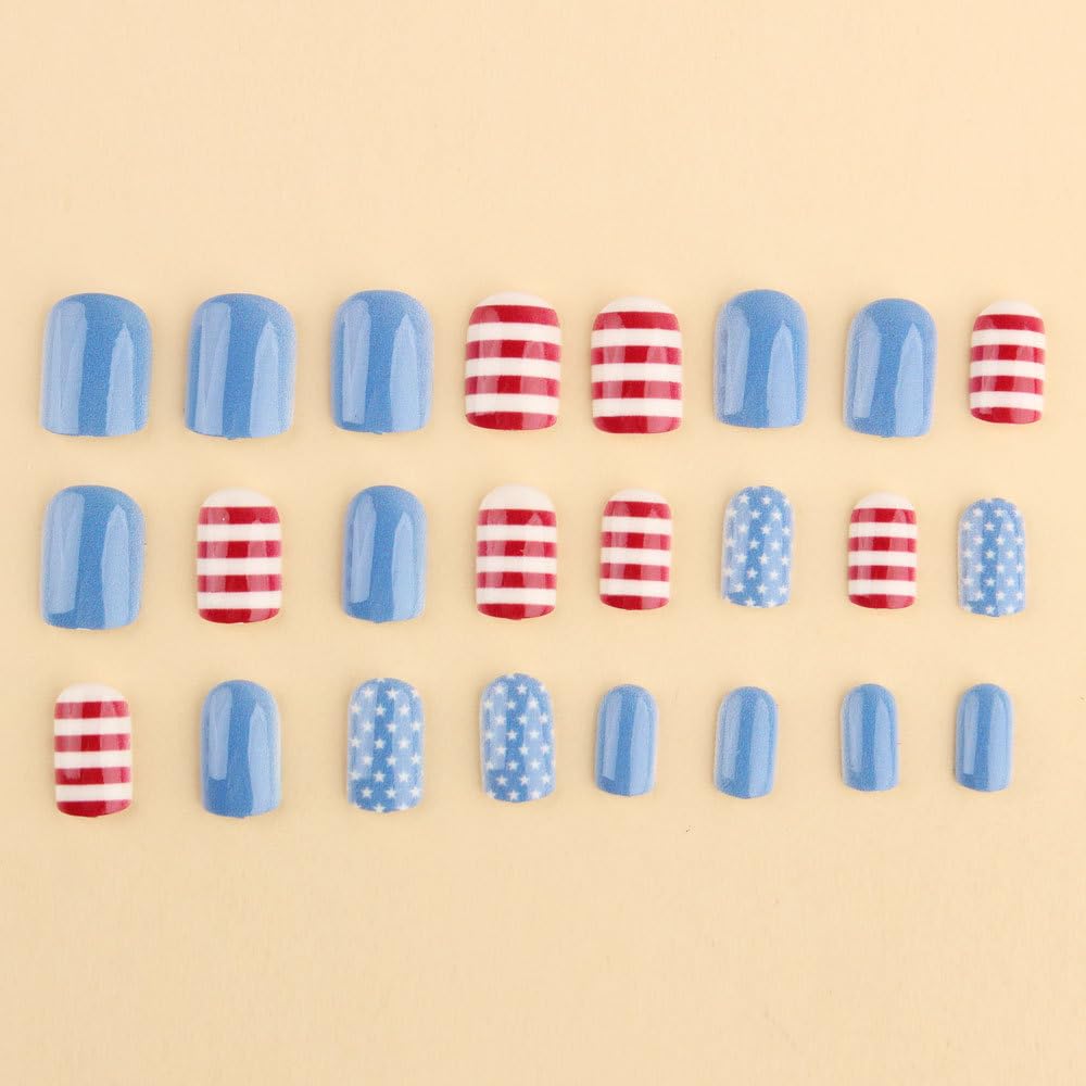 XJZRXDW model wearing short square patriotic nails for a festive outdoor look
