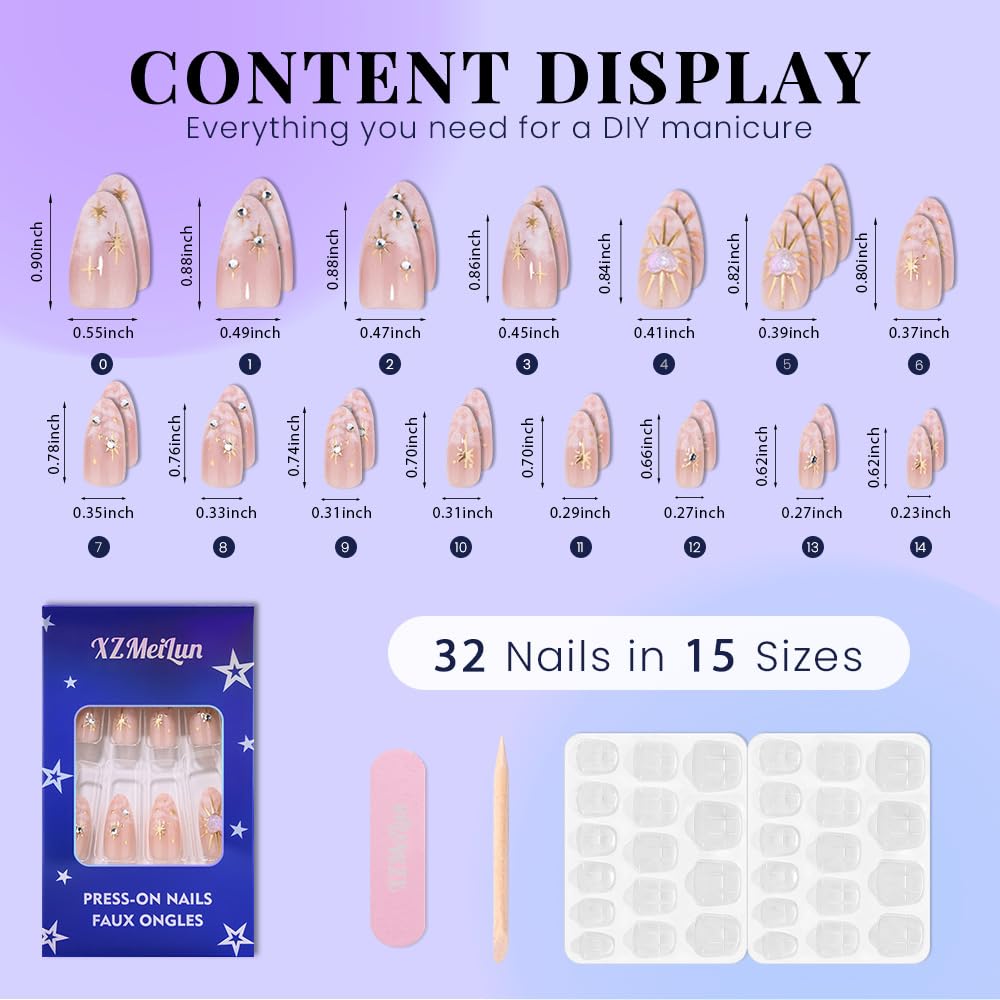 XZMeiLun almond shape nails next to ruler showing size comparison