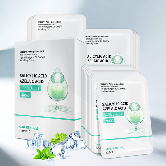 YAFUSIPE front packaging showing 10 anti-acne sheet masks and clear benefits