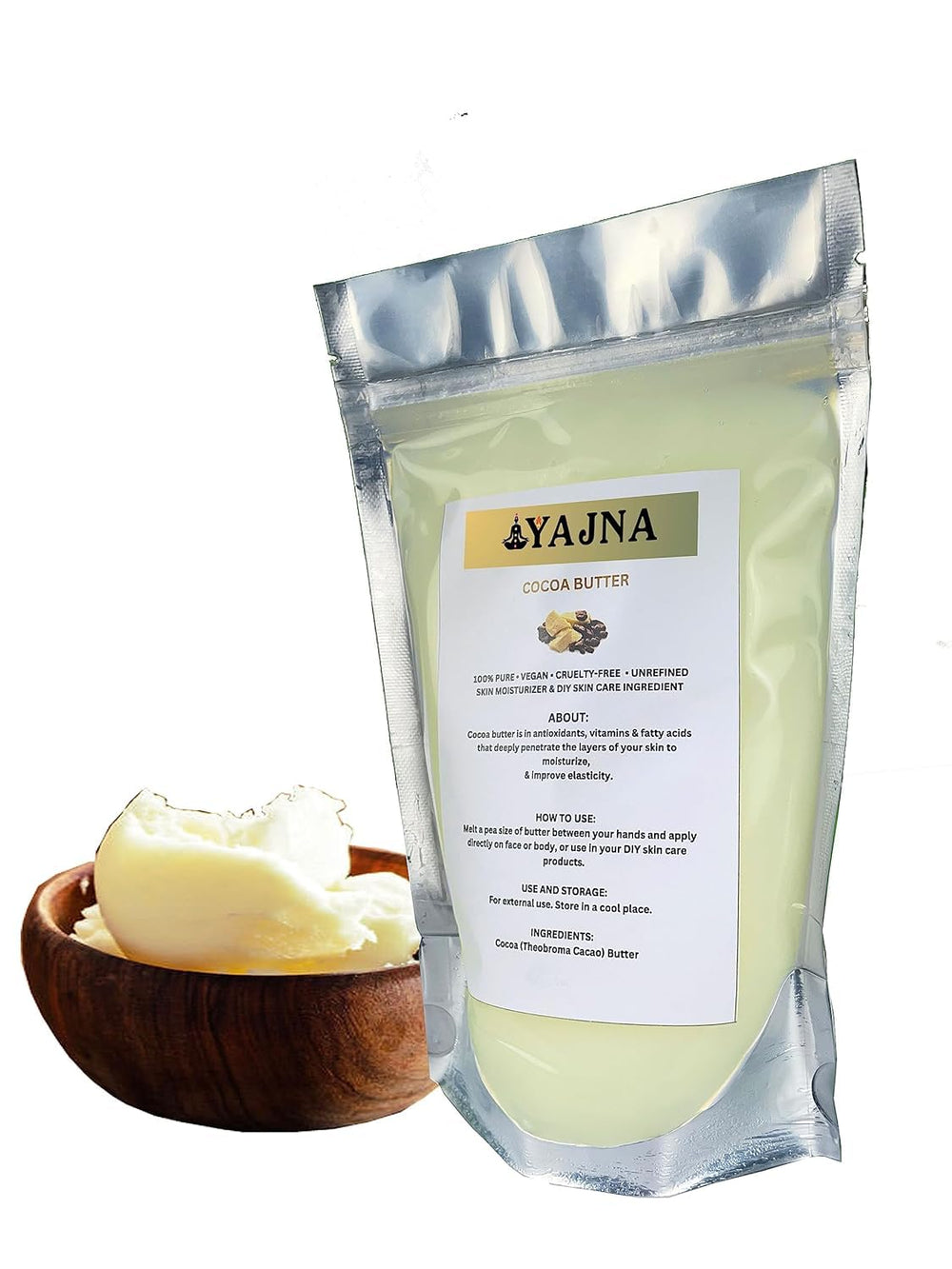 Close-up of Yajna cocoa butter texture highlighting creamy, unrefined quality