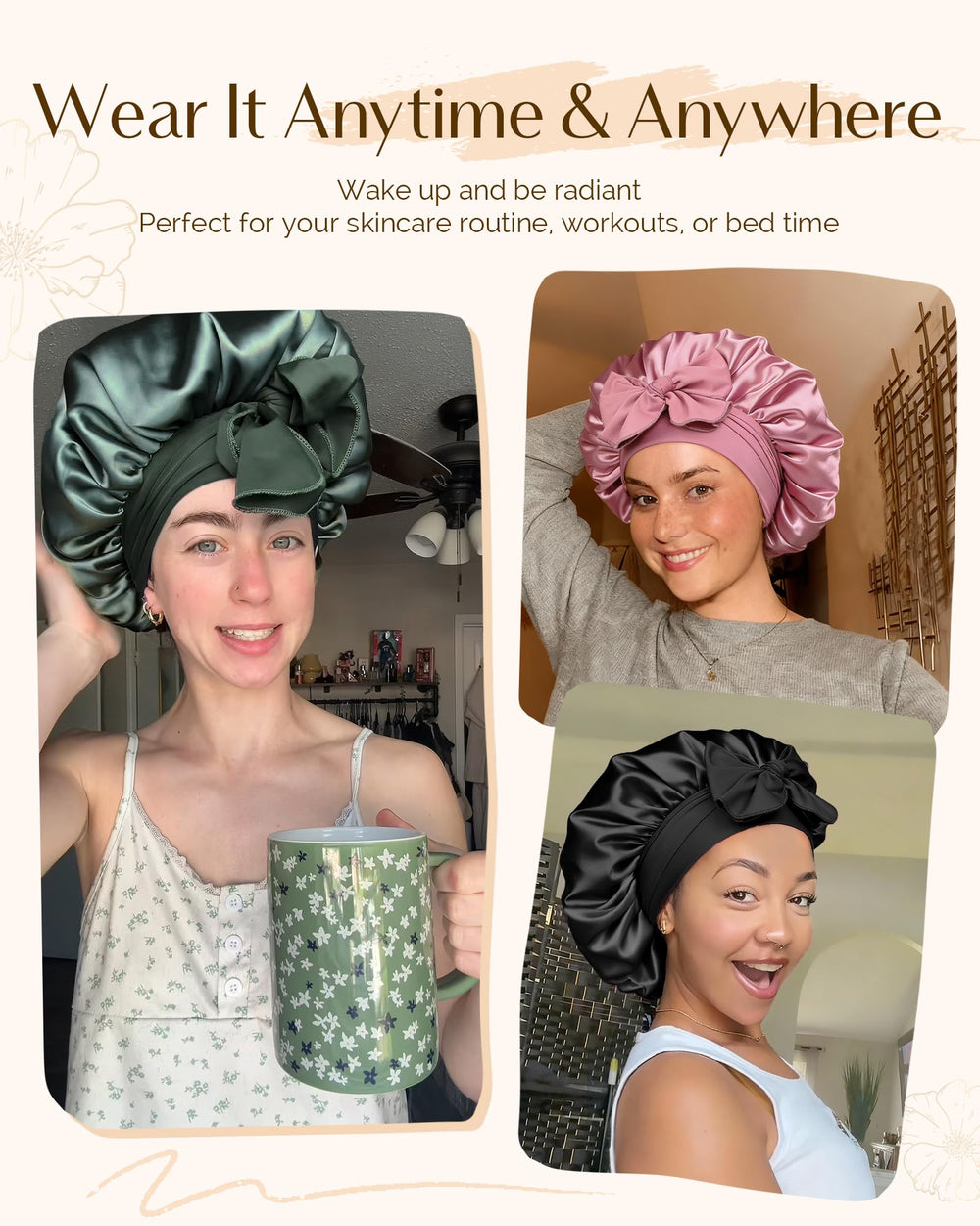 YANIBEST bonnet in hand size comparison indicating roomy fit for various hair