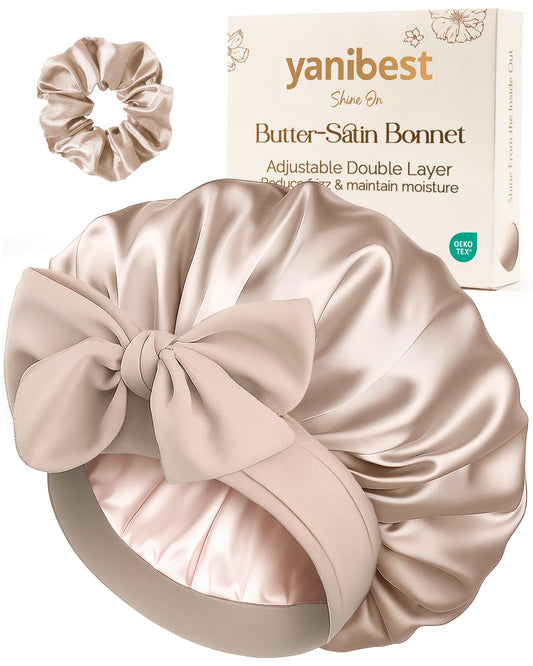 YANIBEST champagne bonnet front view showing smooth satin and reversible colors