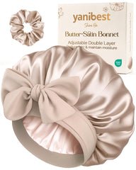 YANIBEST champagne bonnet front view showing smooth satin and reversible colors