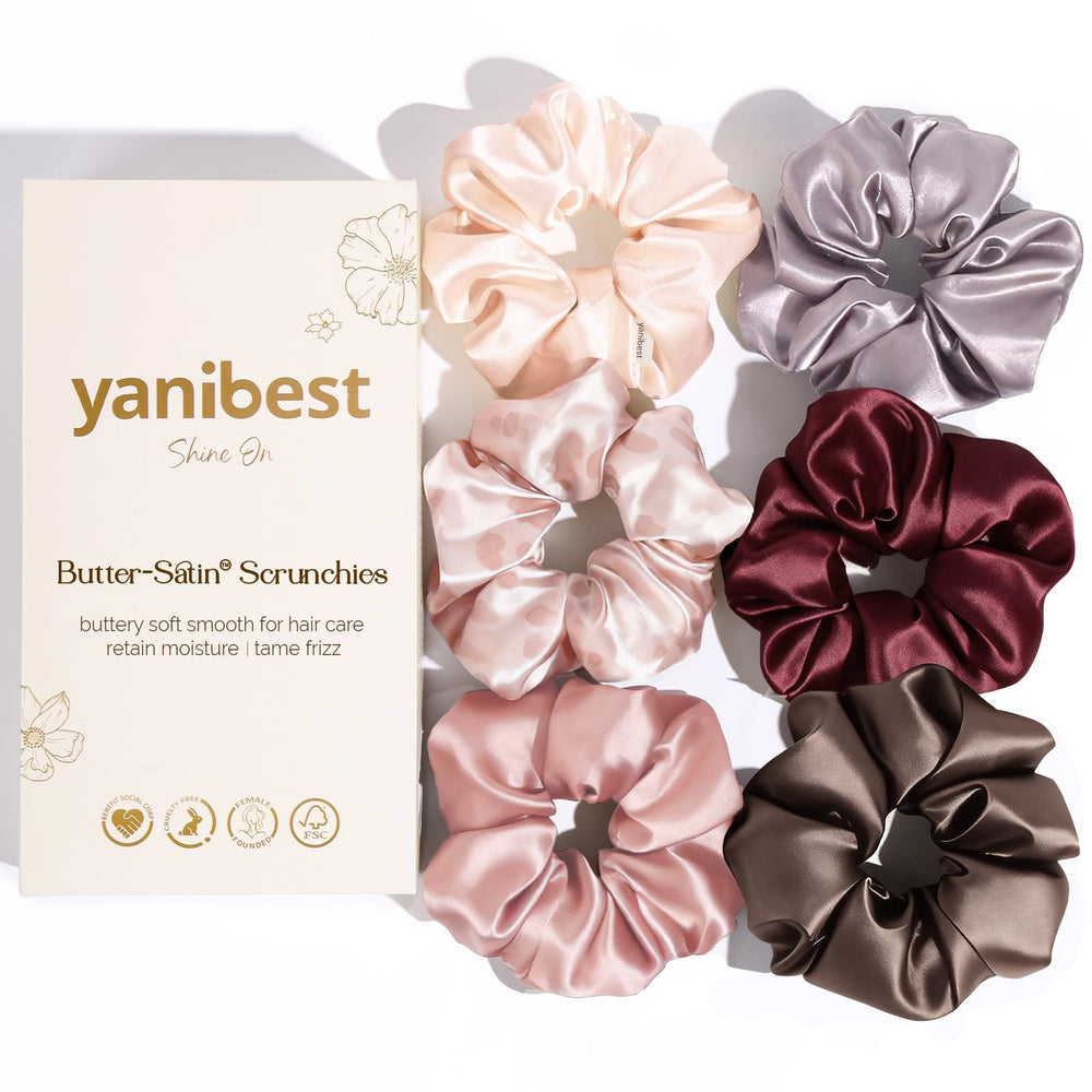 YANIBEST front packaging showing six colorful scrunchies and elegant box, attractive gift