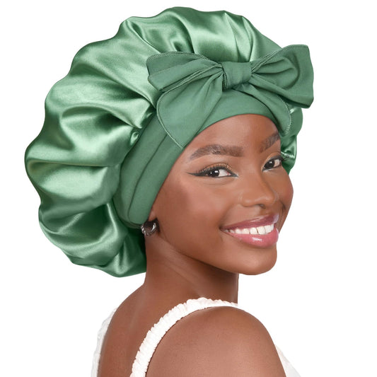 YANIBEST front view of sage bonnet showing shape and fit benefit: reduces friction