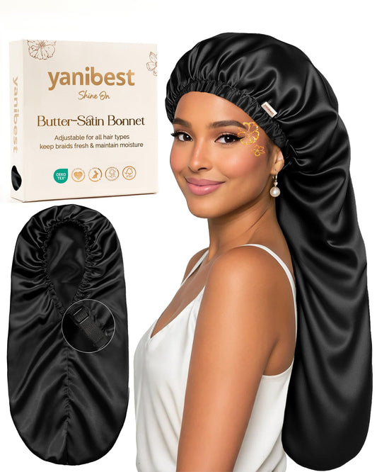 YANIBEST front view of bonnet showing smooth satin and color, protects hair overnight